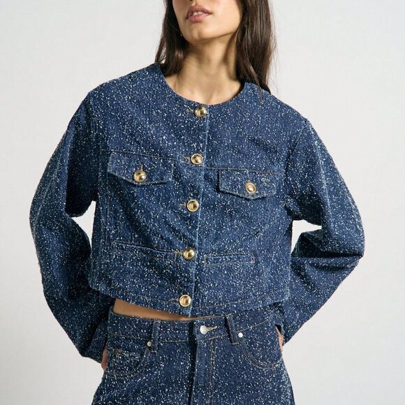 Blue Elegant Women's Collarless Button Front Long Sleeve Denim Jacket - Picture 1 of 4